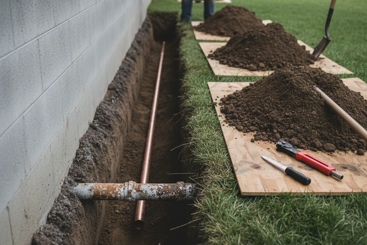 Excavated water line trench during Water Softener Installation in Parks